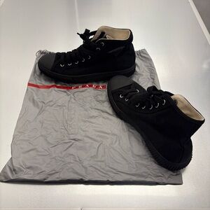 Prada Black Canvas High-Top Sneakers Triangle Logo Creeper Sole Size 41 US 10